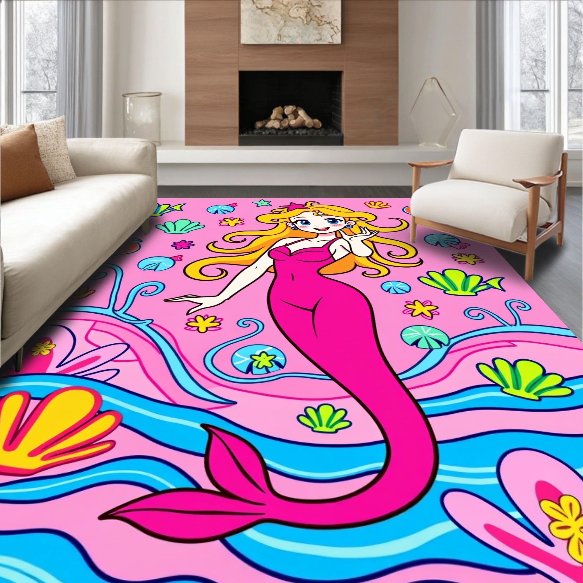 Bright Pink Mermaid Ocean Waves Rug
