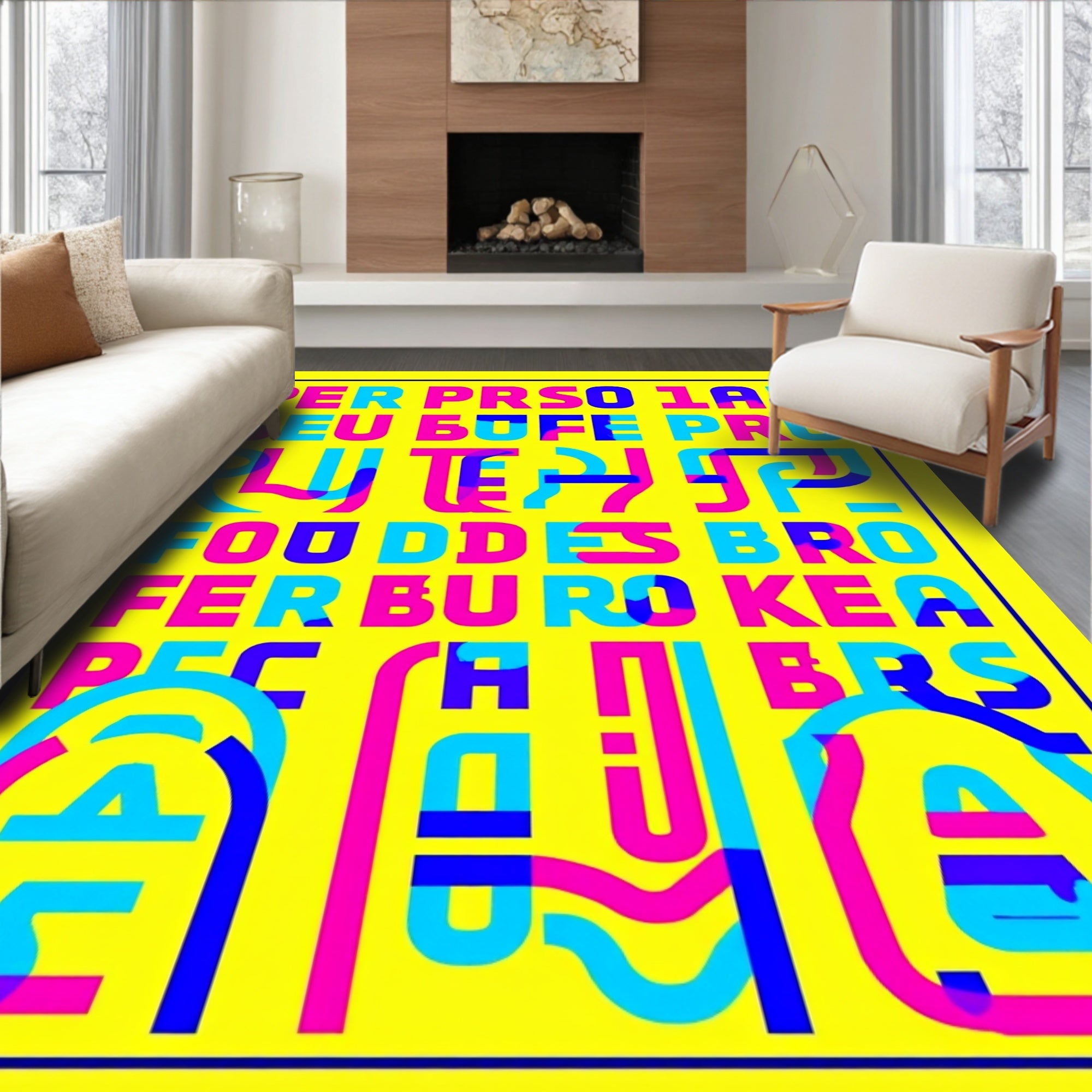Bold Pink Blue Yellow Typographic Grid Rug