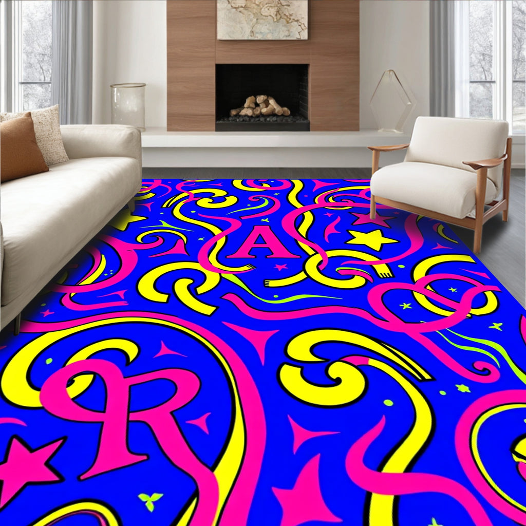 Bold Blue Pink Yellow Star Swirls Rug