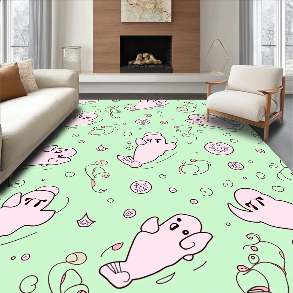 Whimsical Pink Ghost Aqua Swirls Rug