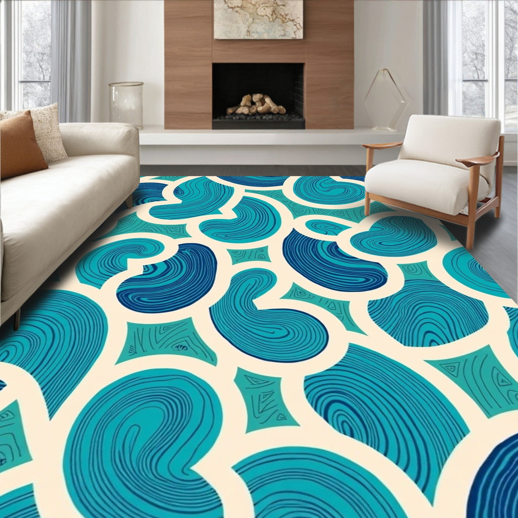 Teal And Cream Swirling Forms Rug