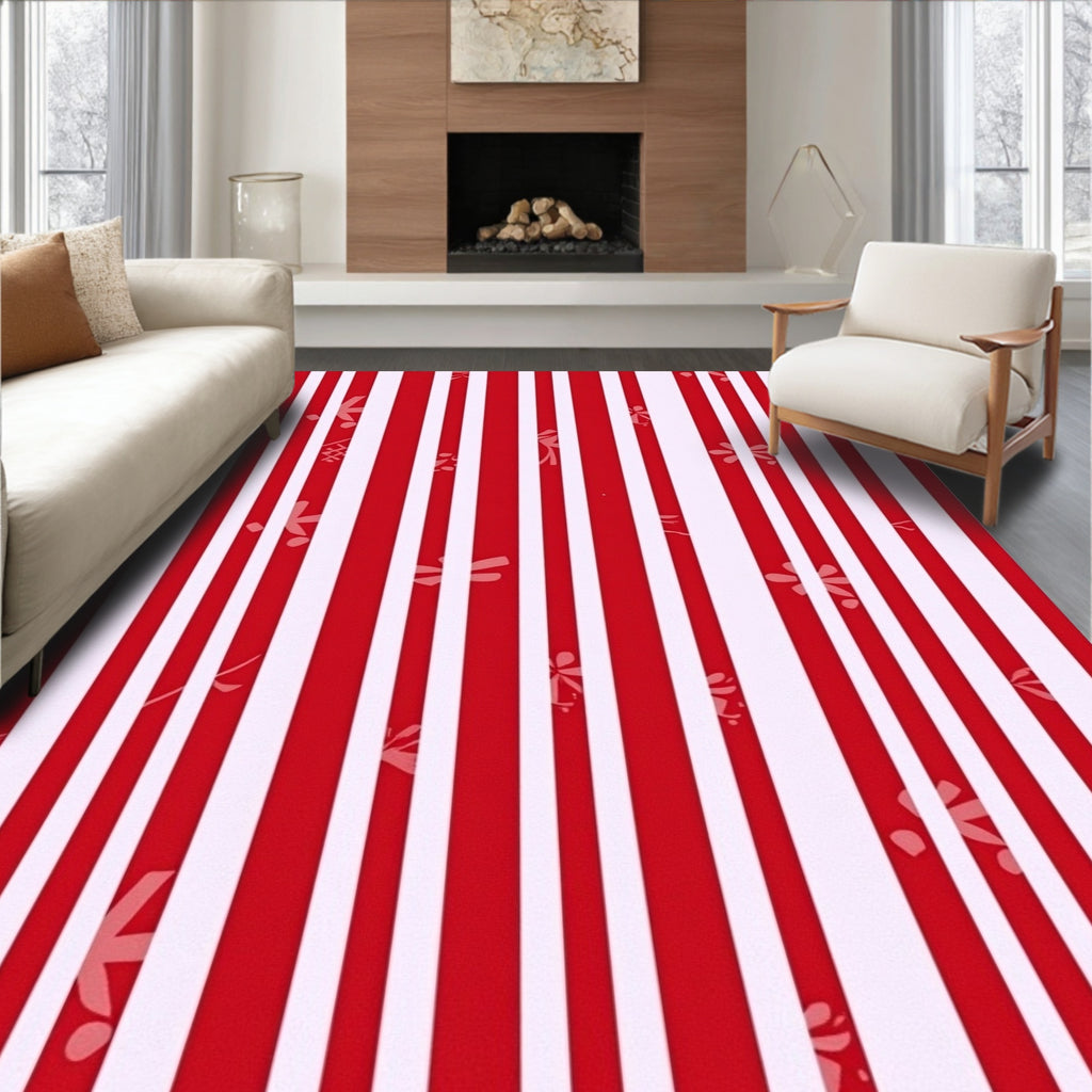 Red White Stripe Dragonflies Rug