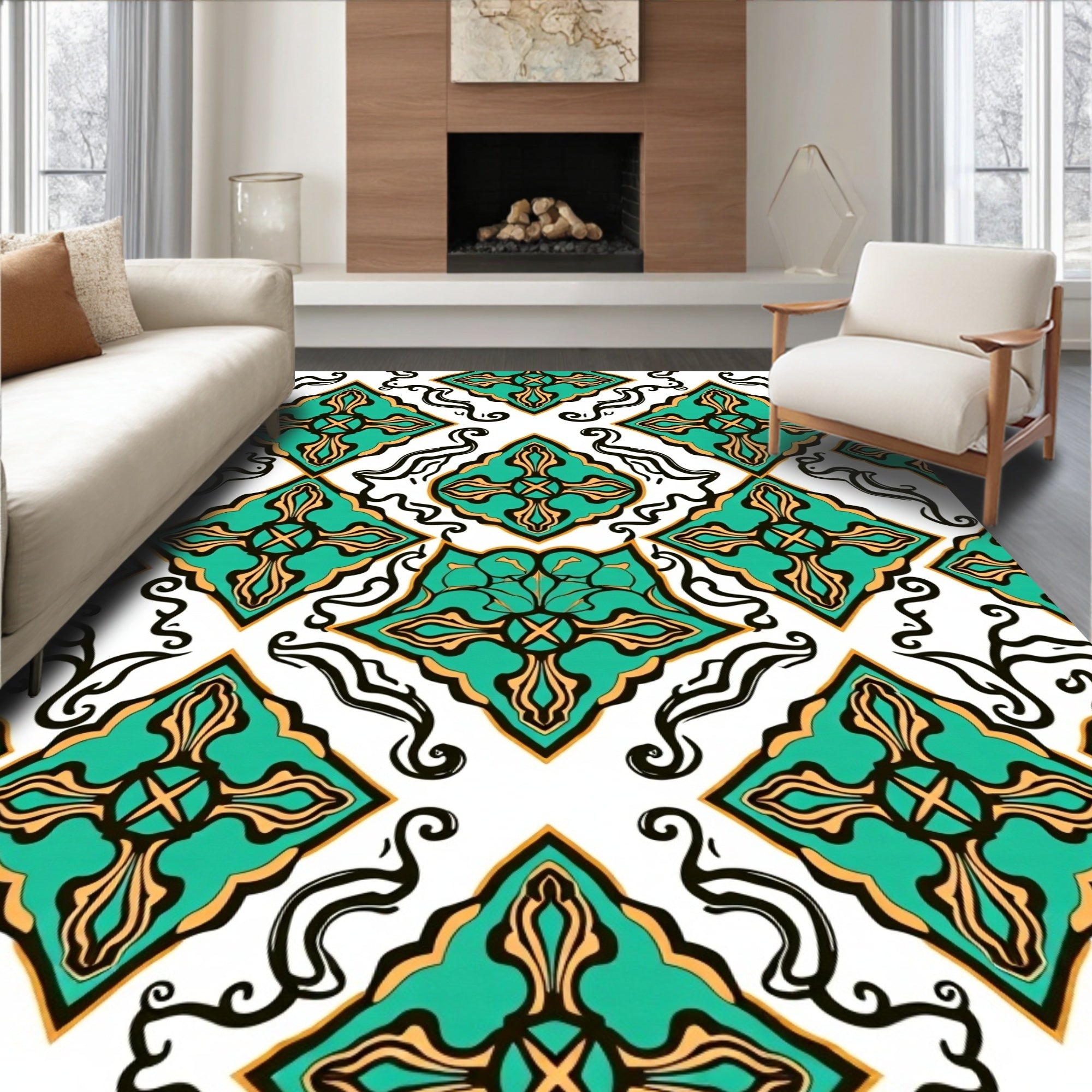 Emerald and Gold Arabesque Tile Rug