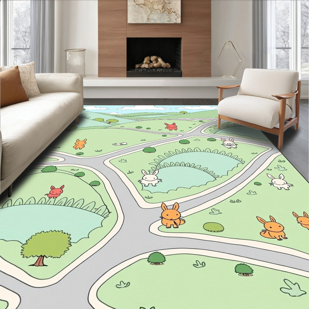 Whimsical Bunnies In Rolling Green Hills Rug
