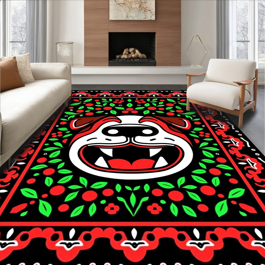 Bold Red Bulldog Floral Border Rug