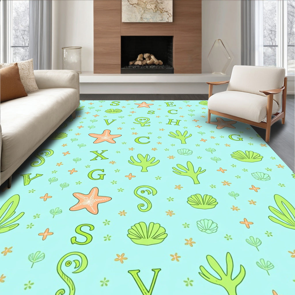 Aqua Sea Life Alphabet Collage Rug