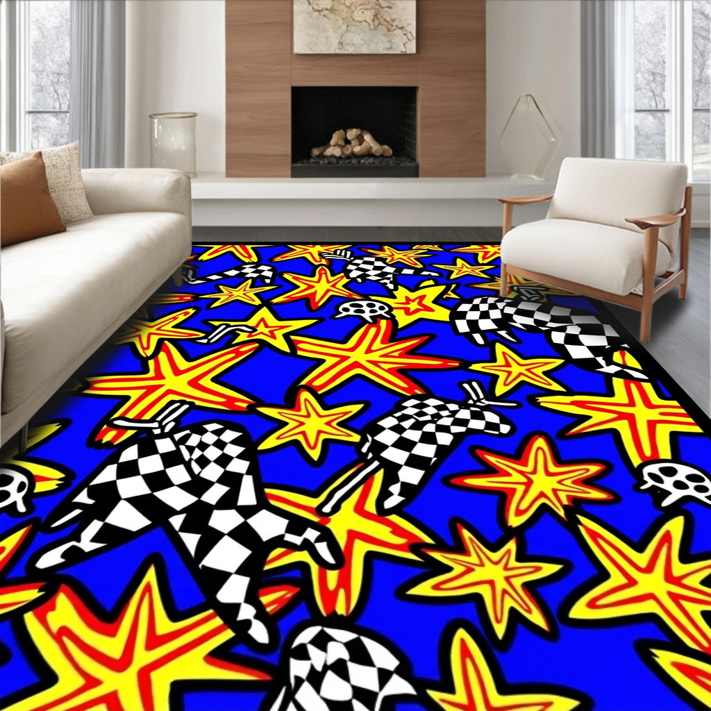Bold Blue Checkered Starburst Collision Rug