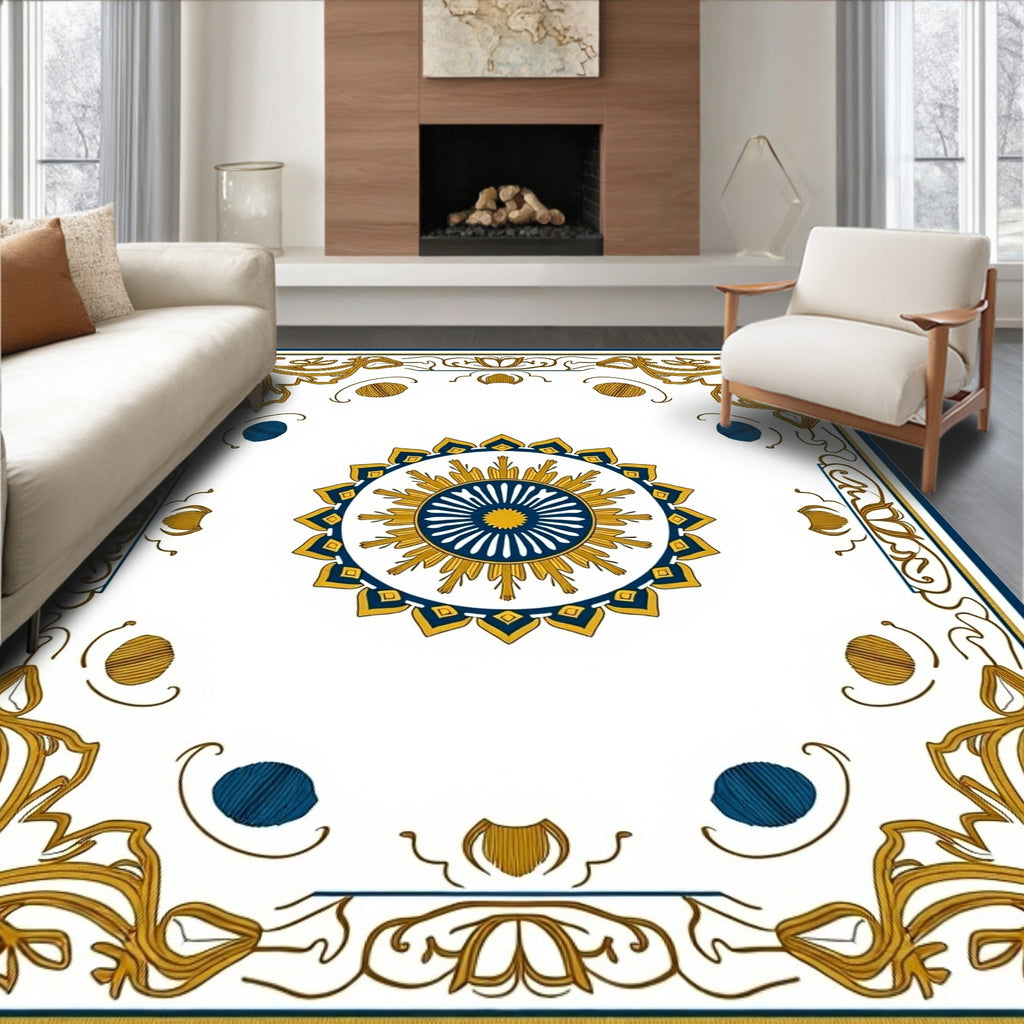 Golden Blue Sunburst Mandala Border Rug