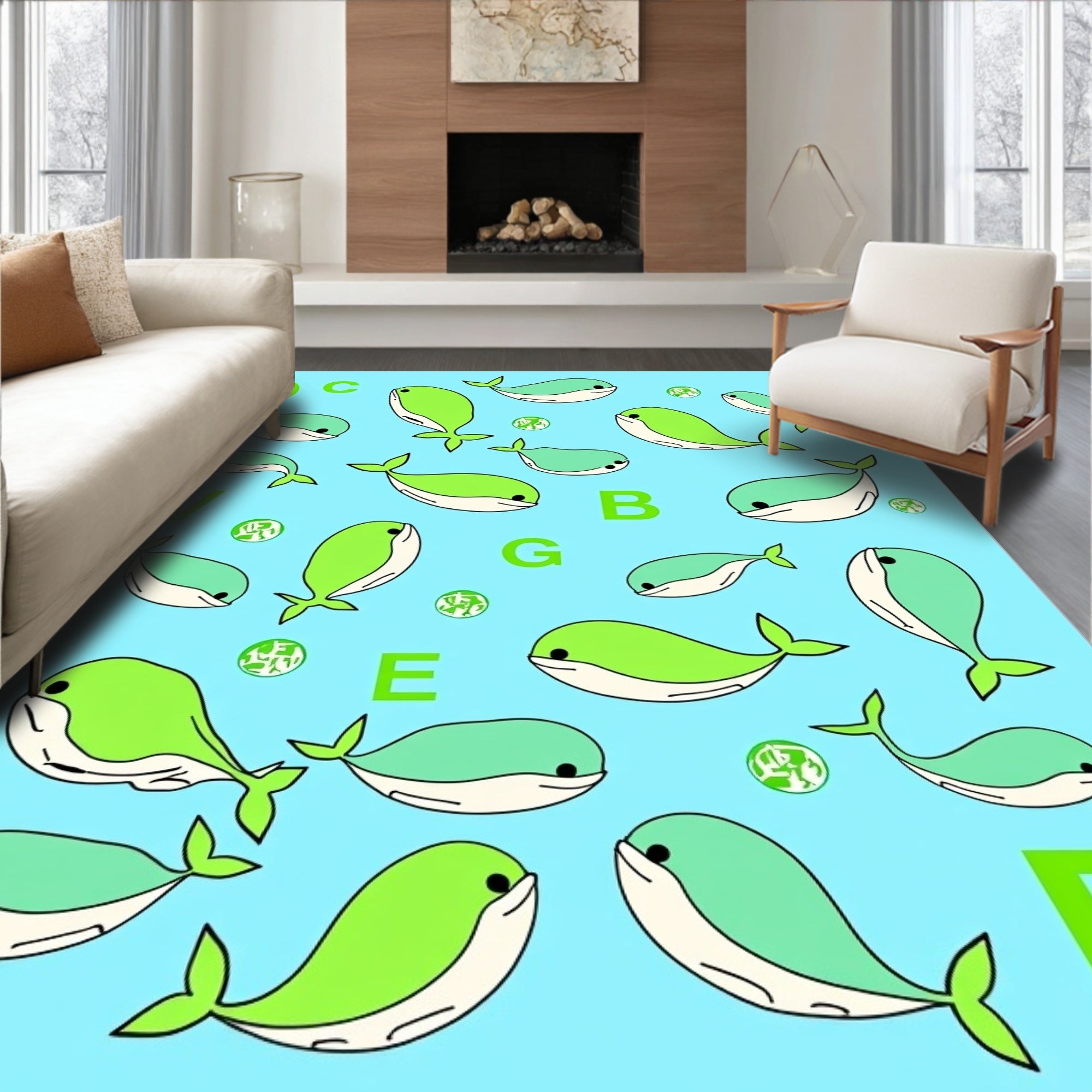 Charming Blue Green Whales Alphabet Rug