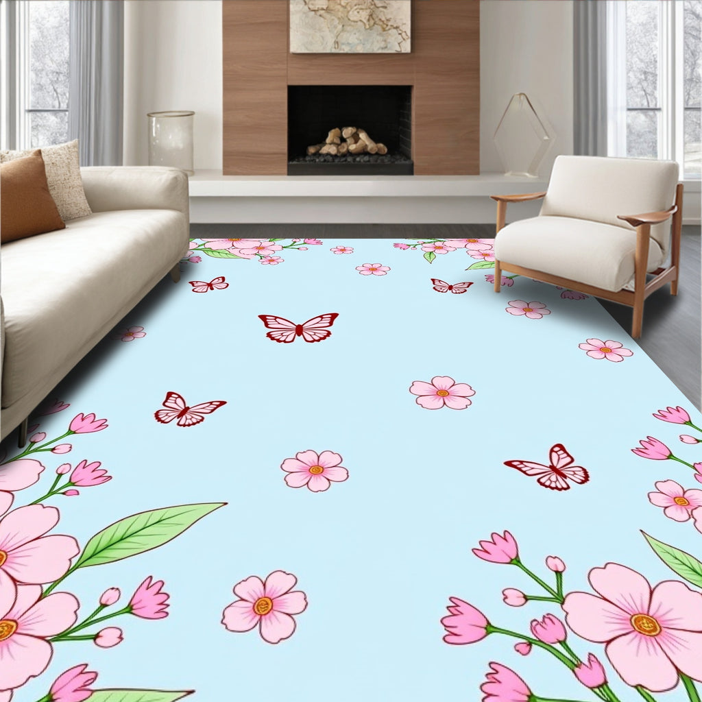 Pink Blossom Butterfly Garden Scenery Rug