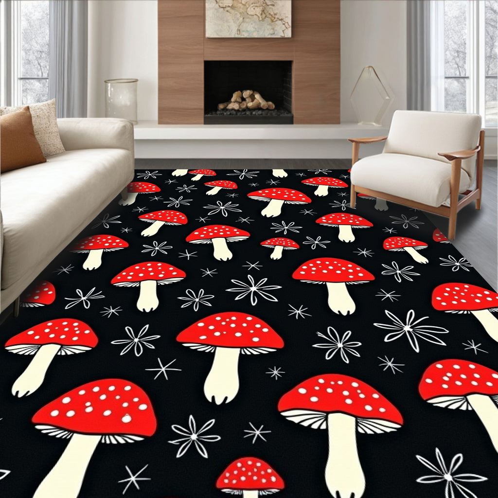 Whimsical Red Mushroom Black Background Rug
