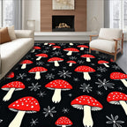 Whimsical Red Mushroom Black Background Rug