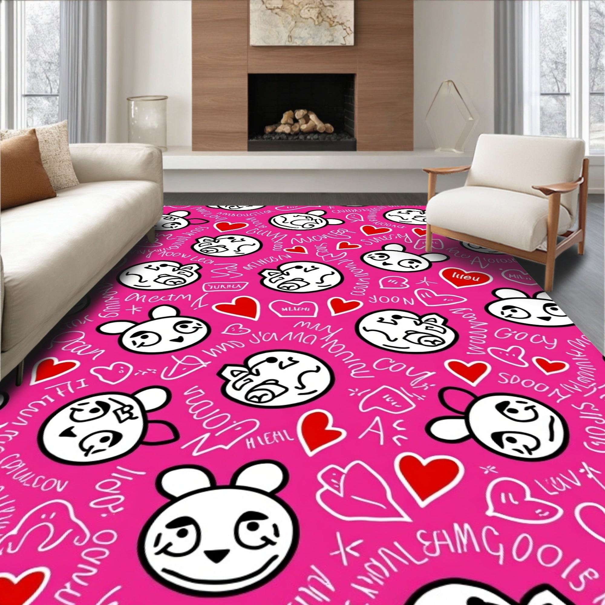 Whimsical Panda Hearts Pink Collage Rug