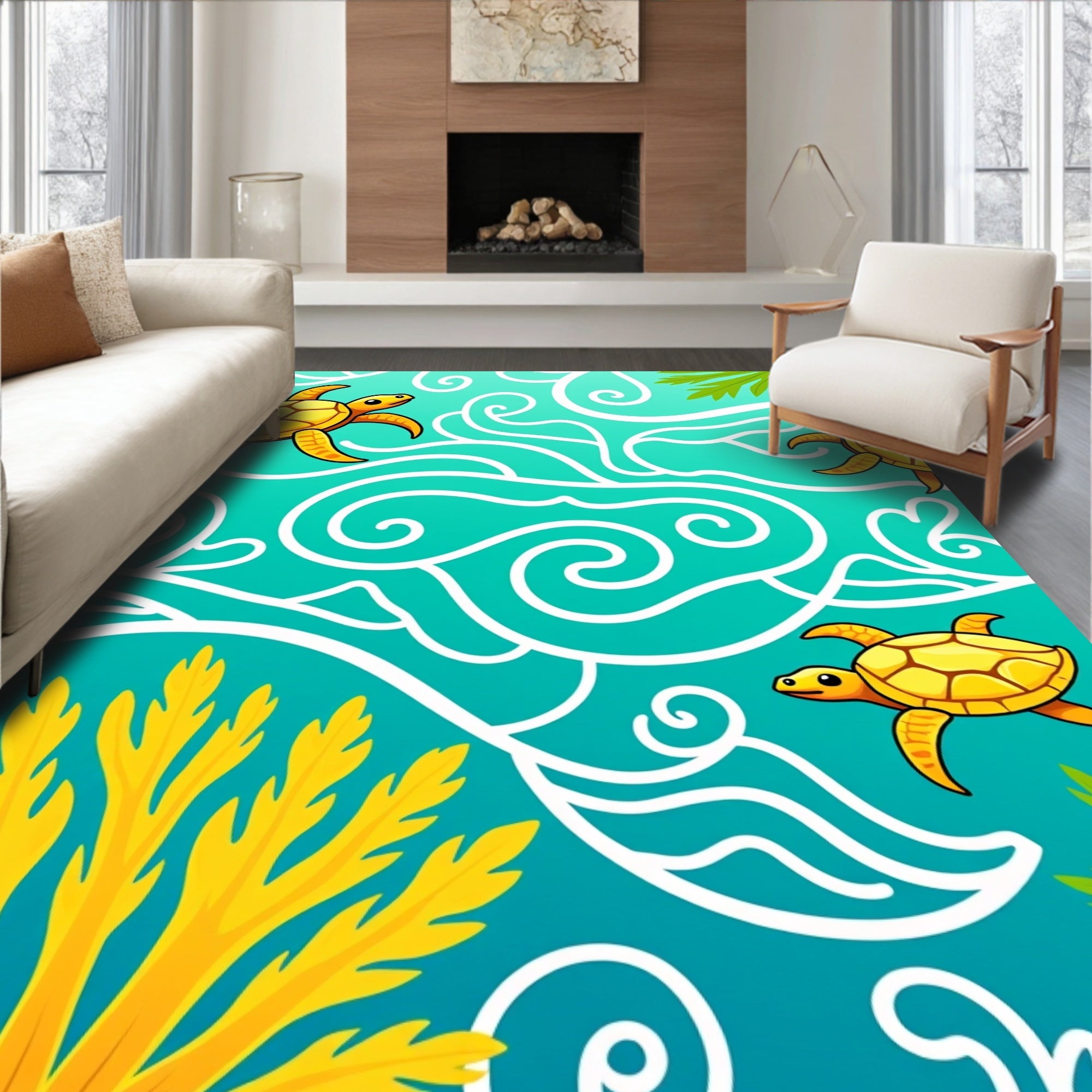Golden Turtles Ocean Swirls Coral Rug