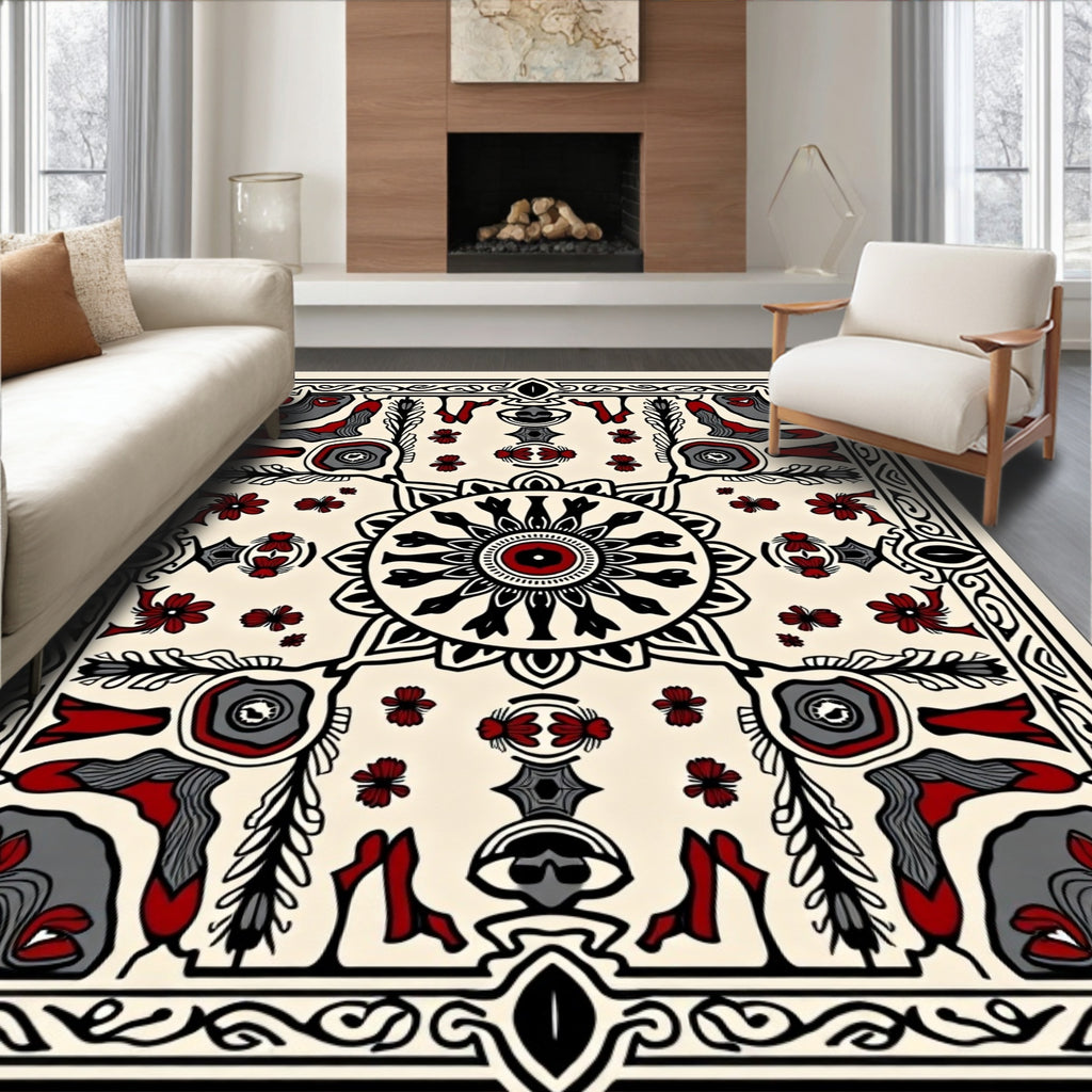 Crimson Black Floral Mandala Border Rug
