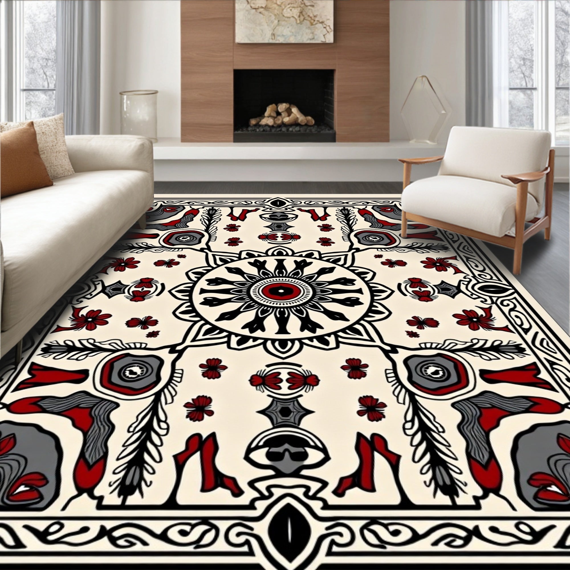 Crimson Black Floral Mandala Border Rug