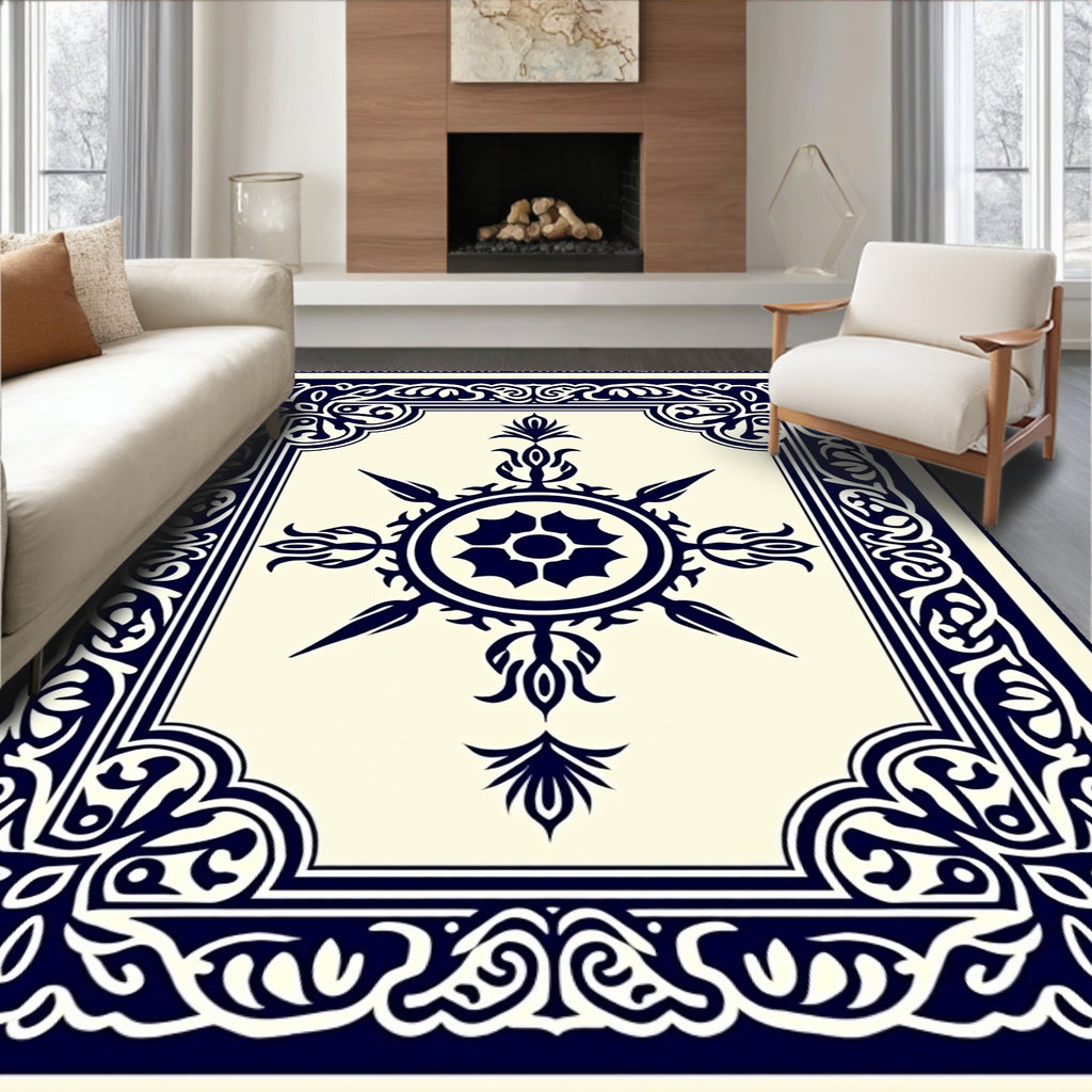 Midnight Blue Floral Medallion Border Rug