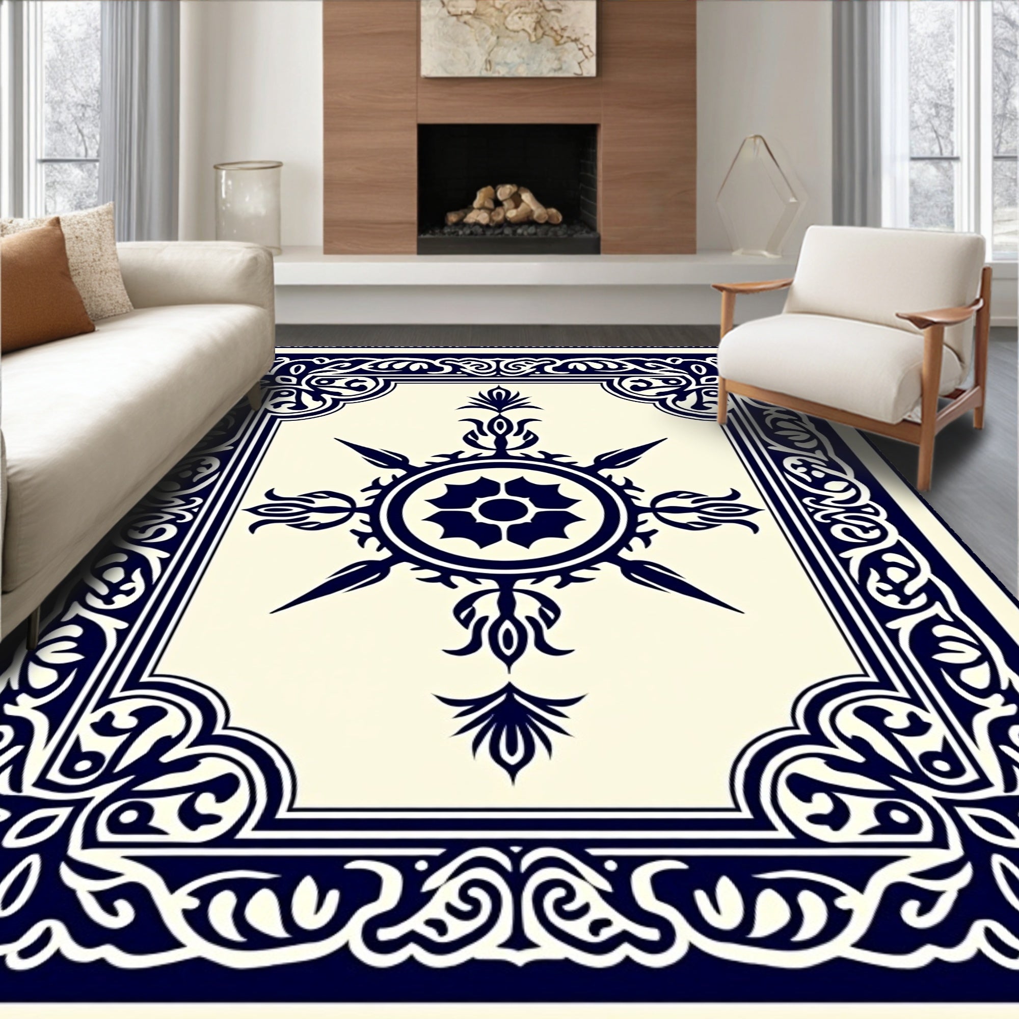 Midnight Blue Floral Medallion Border Rug