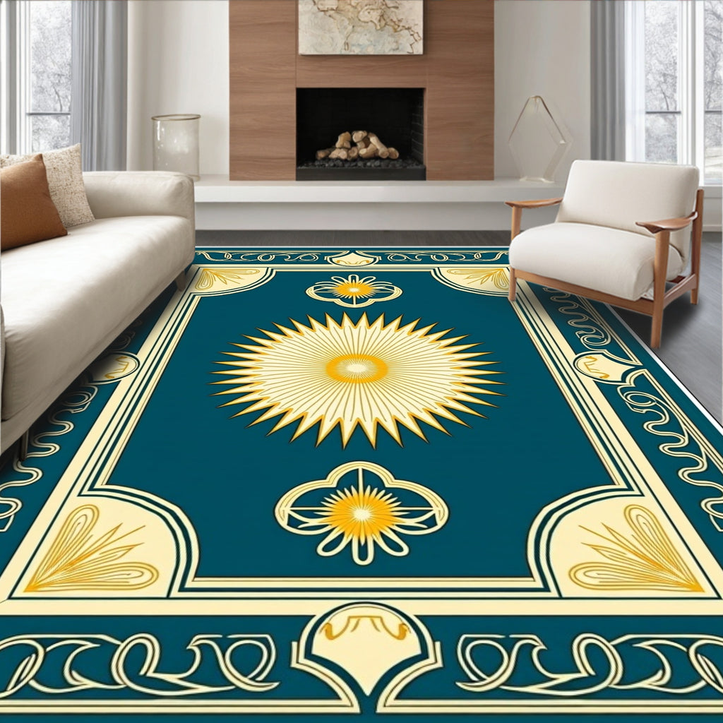 Teal Golden Sunburst Art Deco Rug