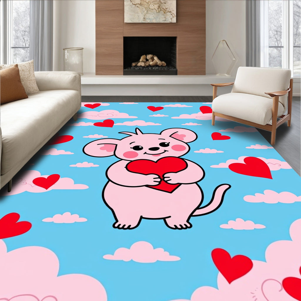 Pink Mouse Red Hearts Blue Sky Rug