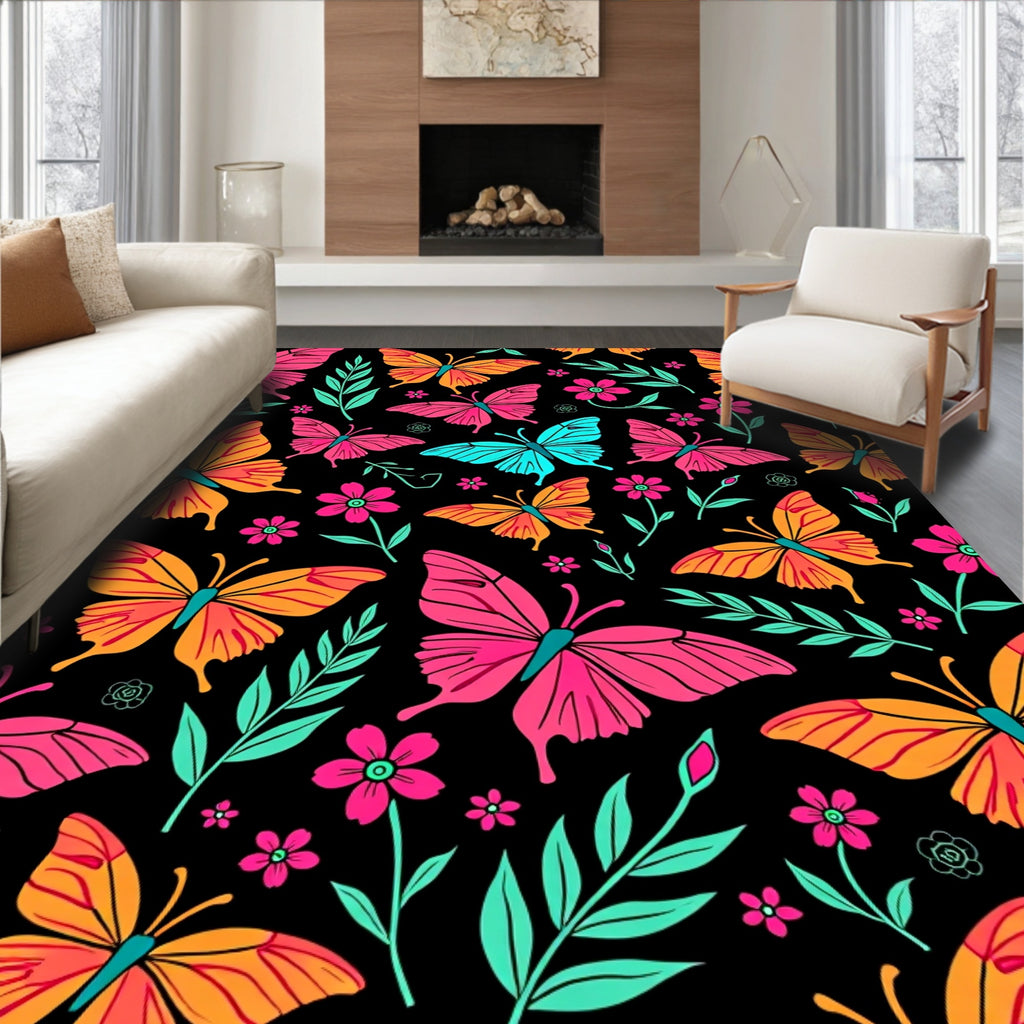 Vibrant Butterfly Garden Floral Spread Rug