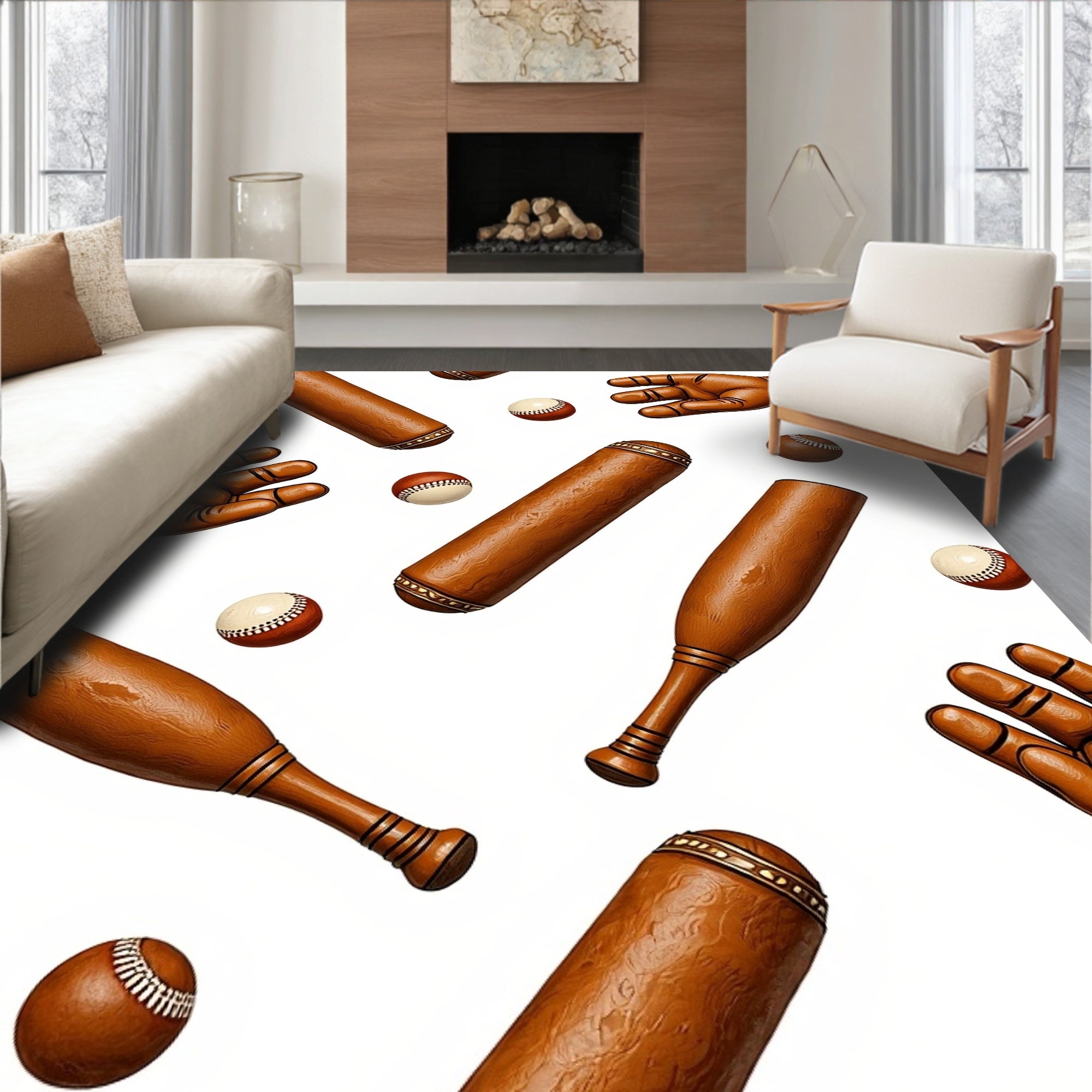 Brown Baseball Bats Mitts Balls Rug