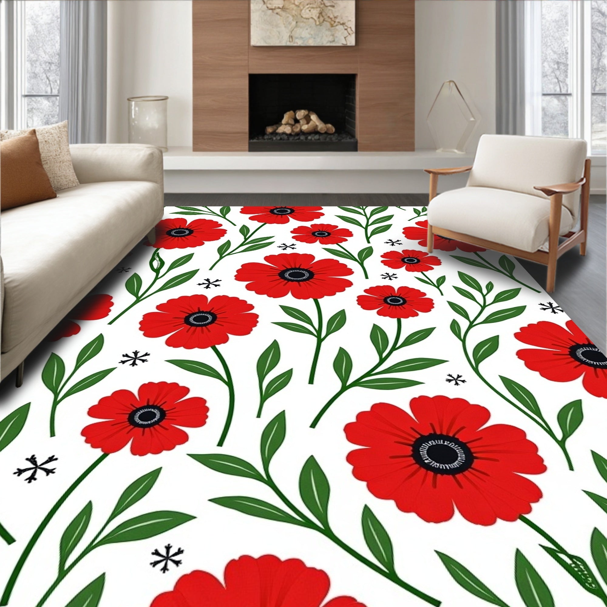 Bold Red Poppy Floral Abstraction Rug
