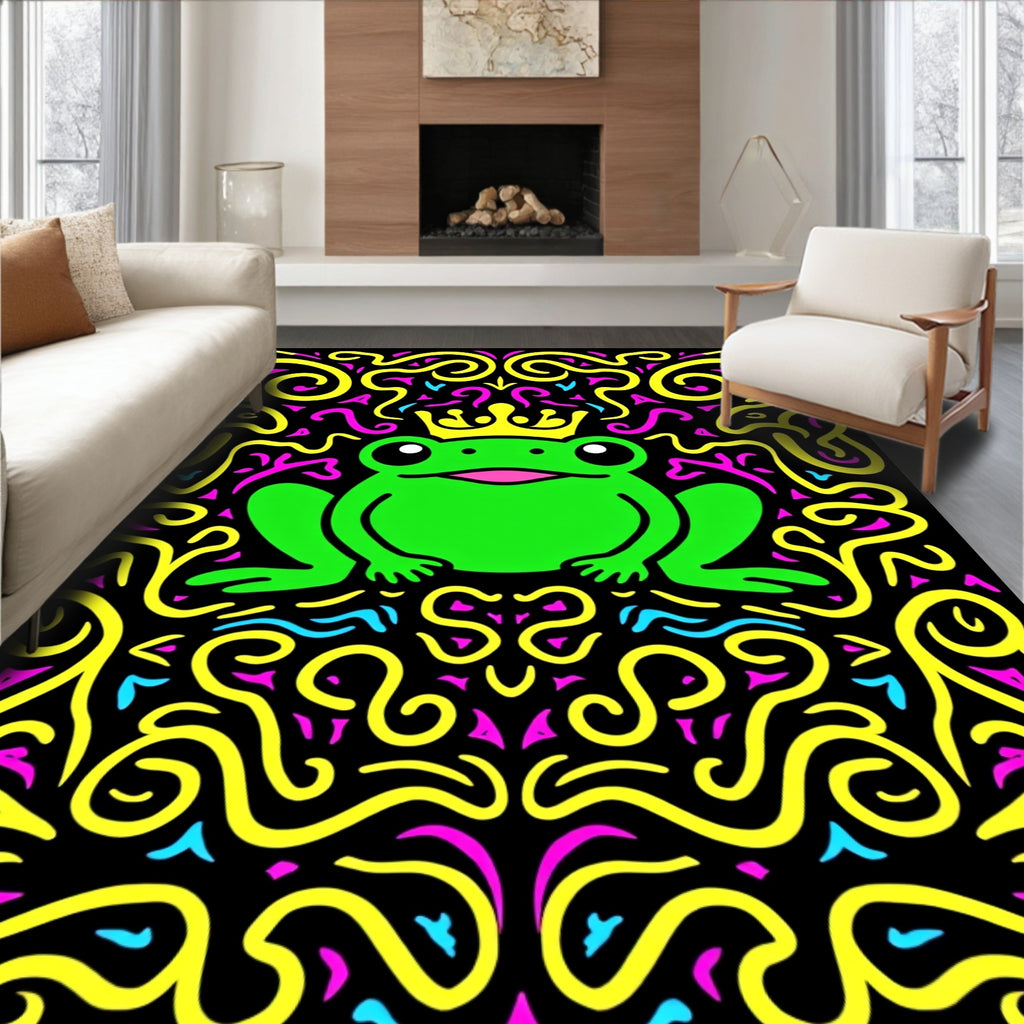 Green Frog King Crown Yellow Swirls Rug