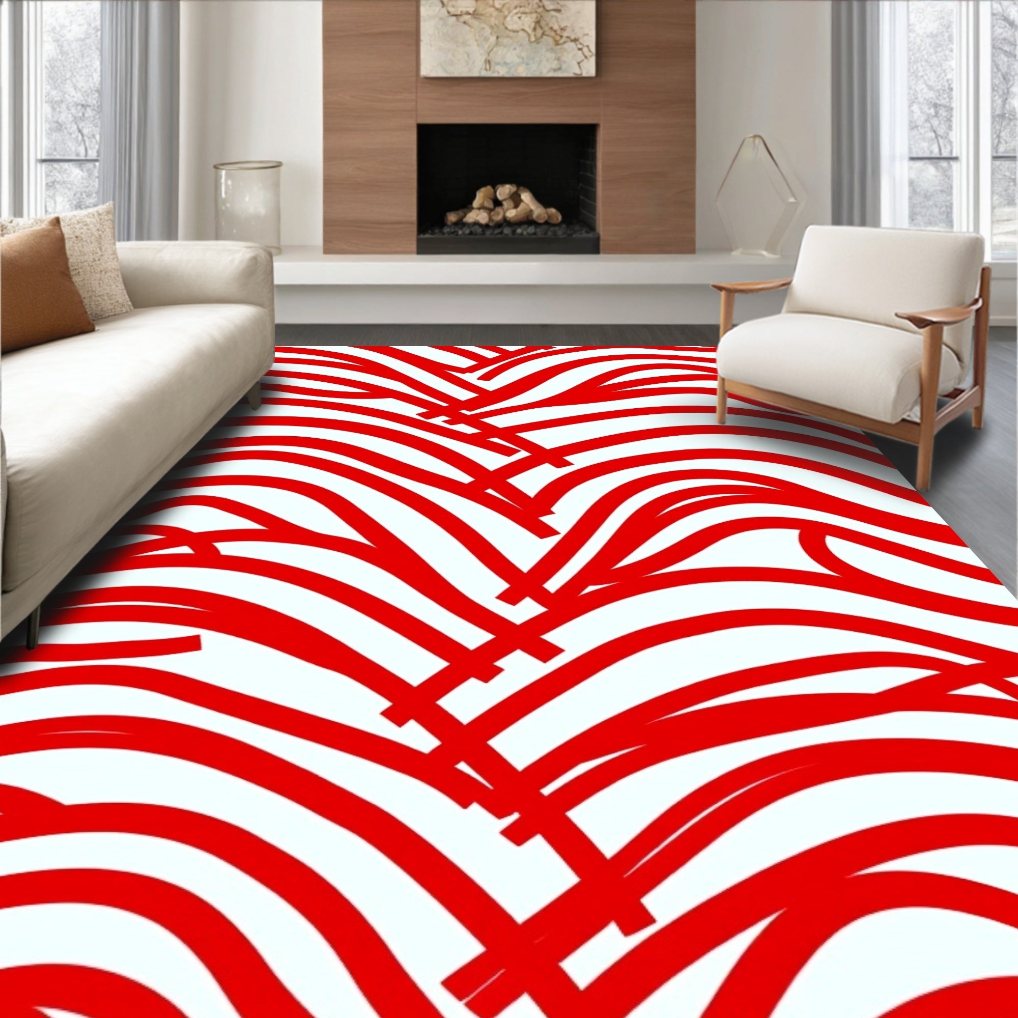 Bold Red Woven Curving Lines Rug