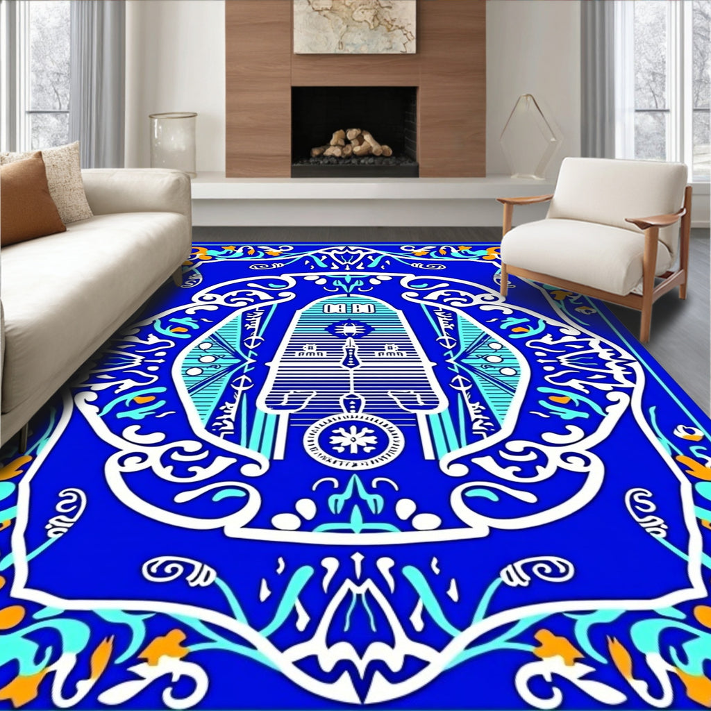 Bold Blue Ornate Floral Clock Rug