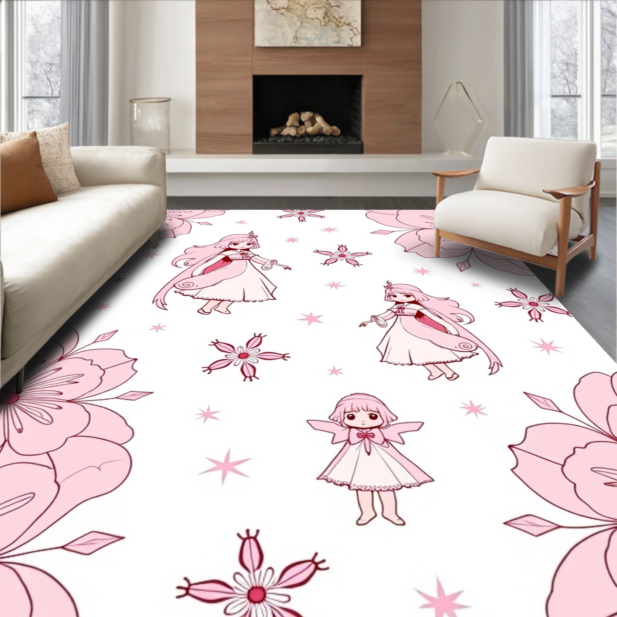Pink Cherry Blossom Girls Stars Rug