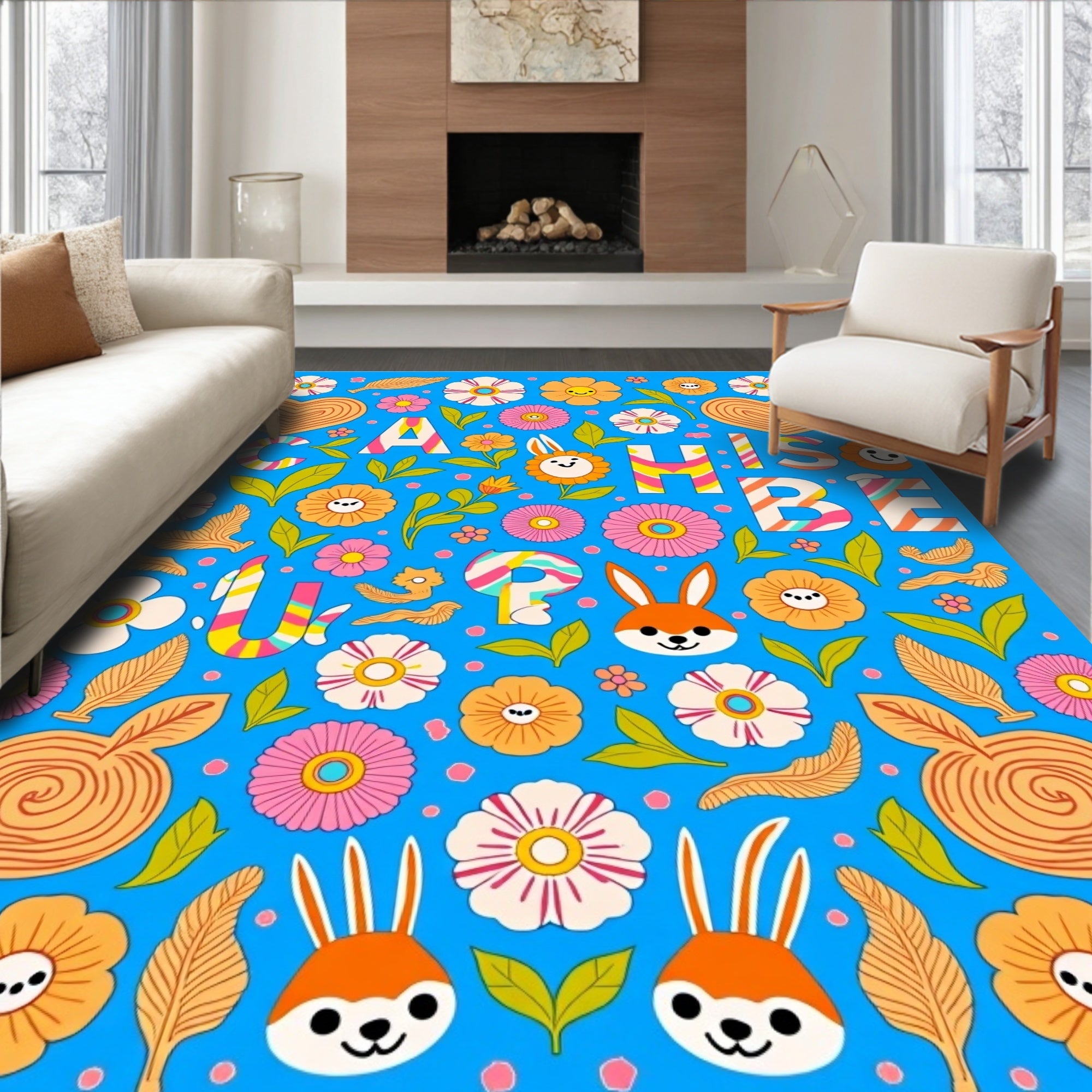 Retro Orange Floral Hearts Rabbits Rug