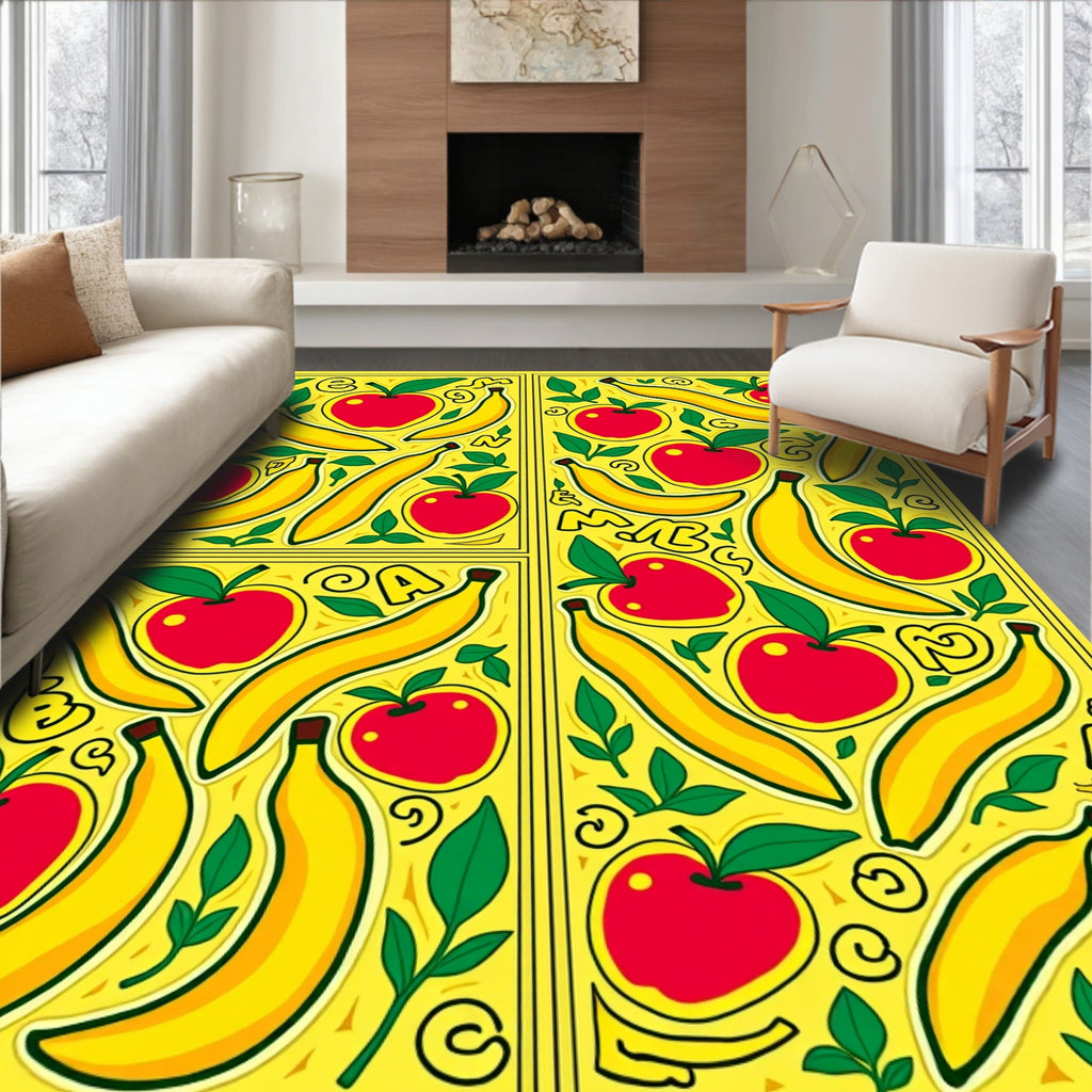 Bright Yellow Apples Bananas Floral Swirls Rug