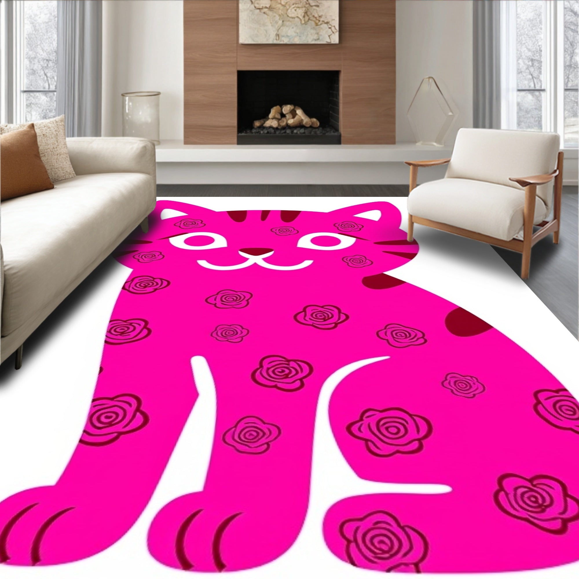 Hot Pink Feline Rose Medallion Rug