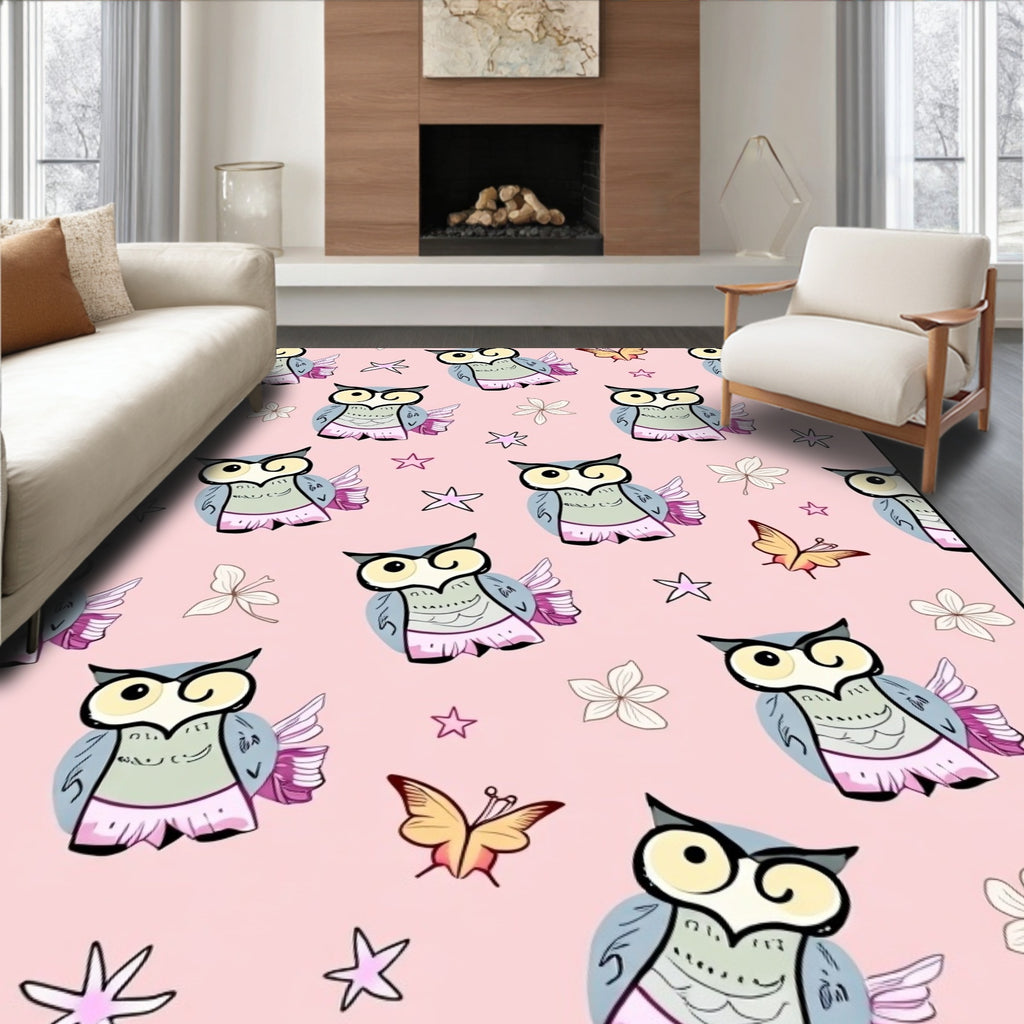Whimsical Owl Butterfly Floral Stars Rug