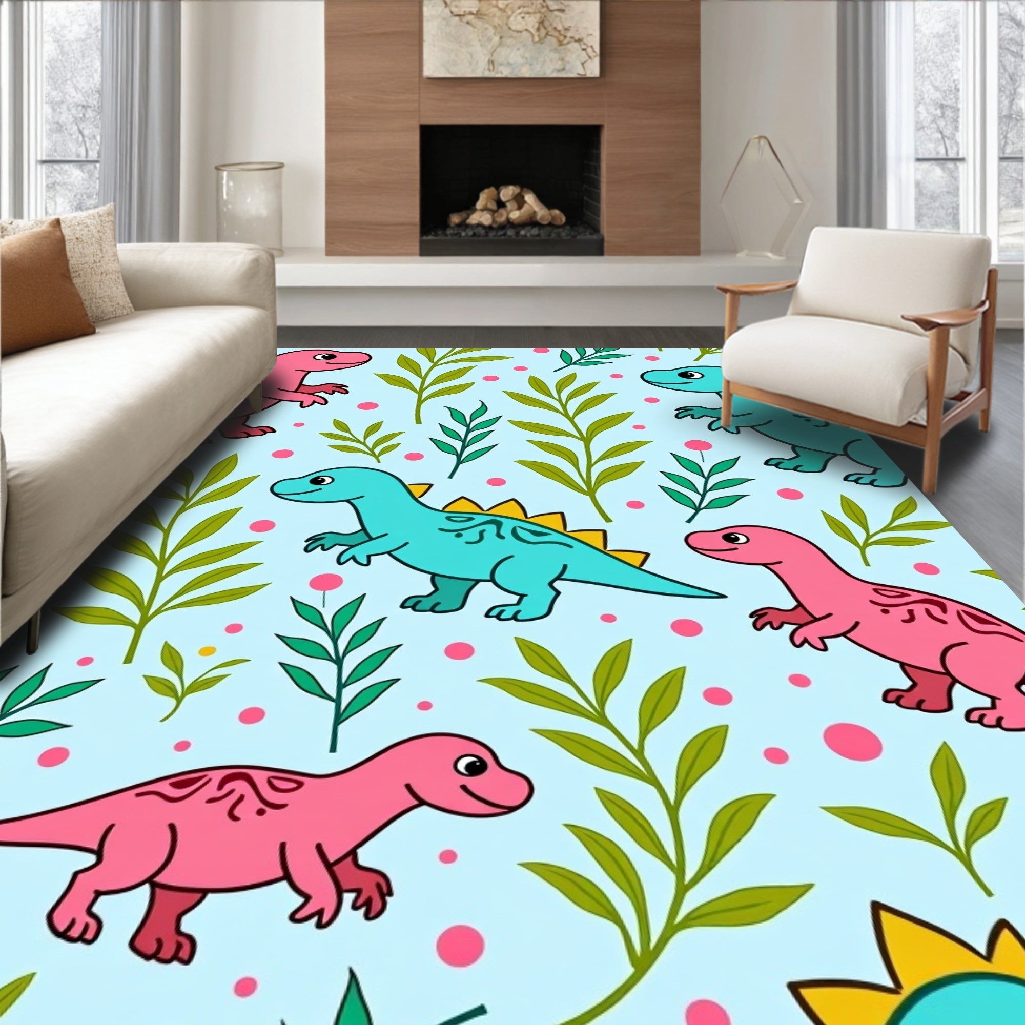 Cute Pink Teal Dinosaur Foliage Roundels Rug