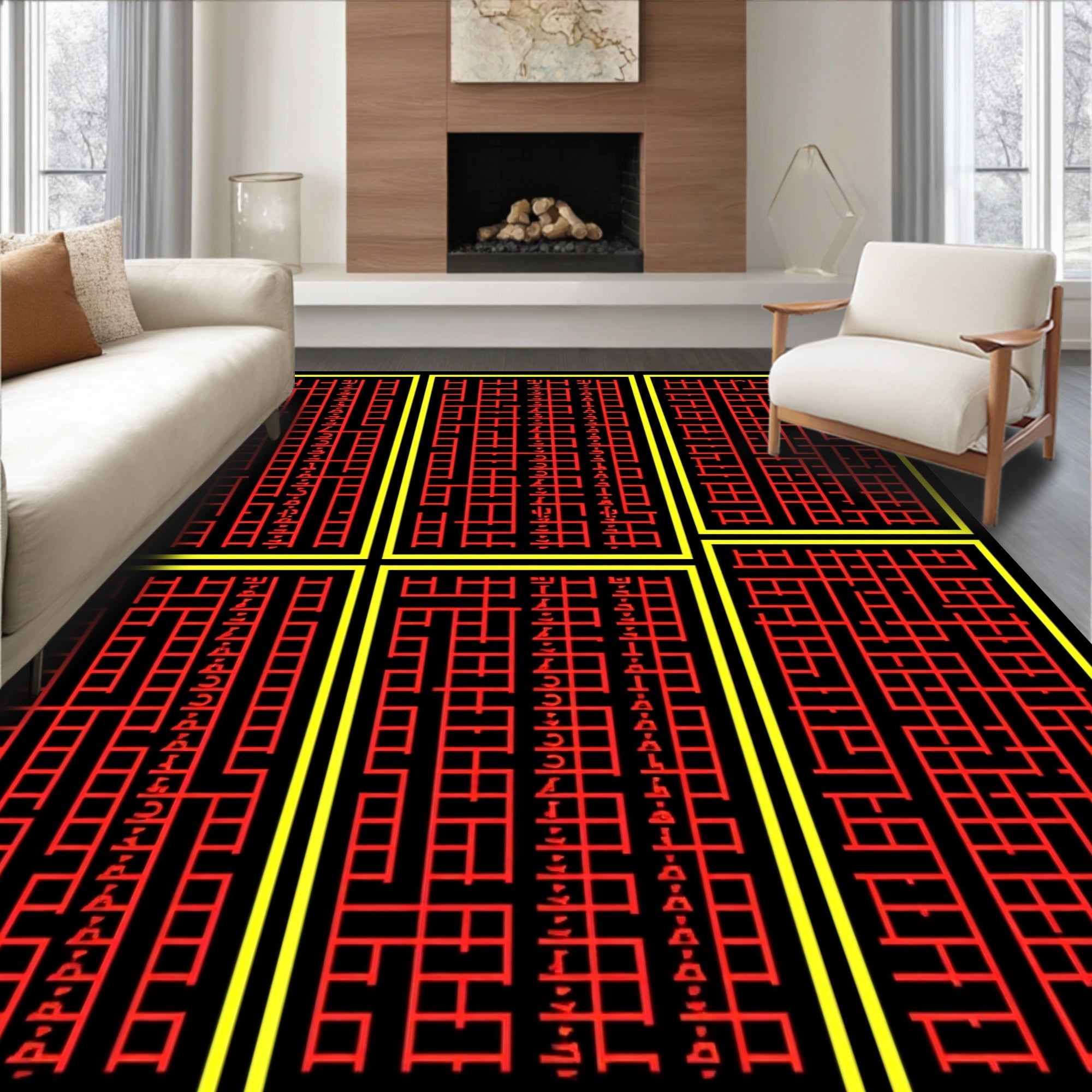 Bold Red Rectangular Grid Maze Rug