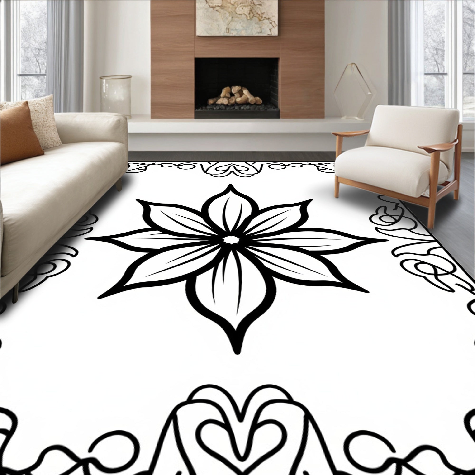 Bold Black Eight Petal Floral Inlay Rug