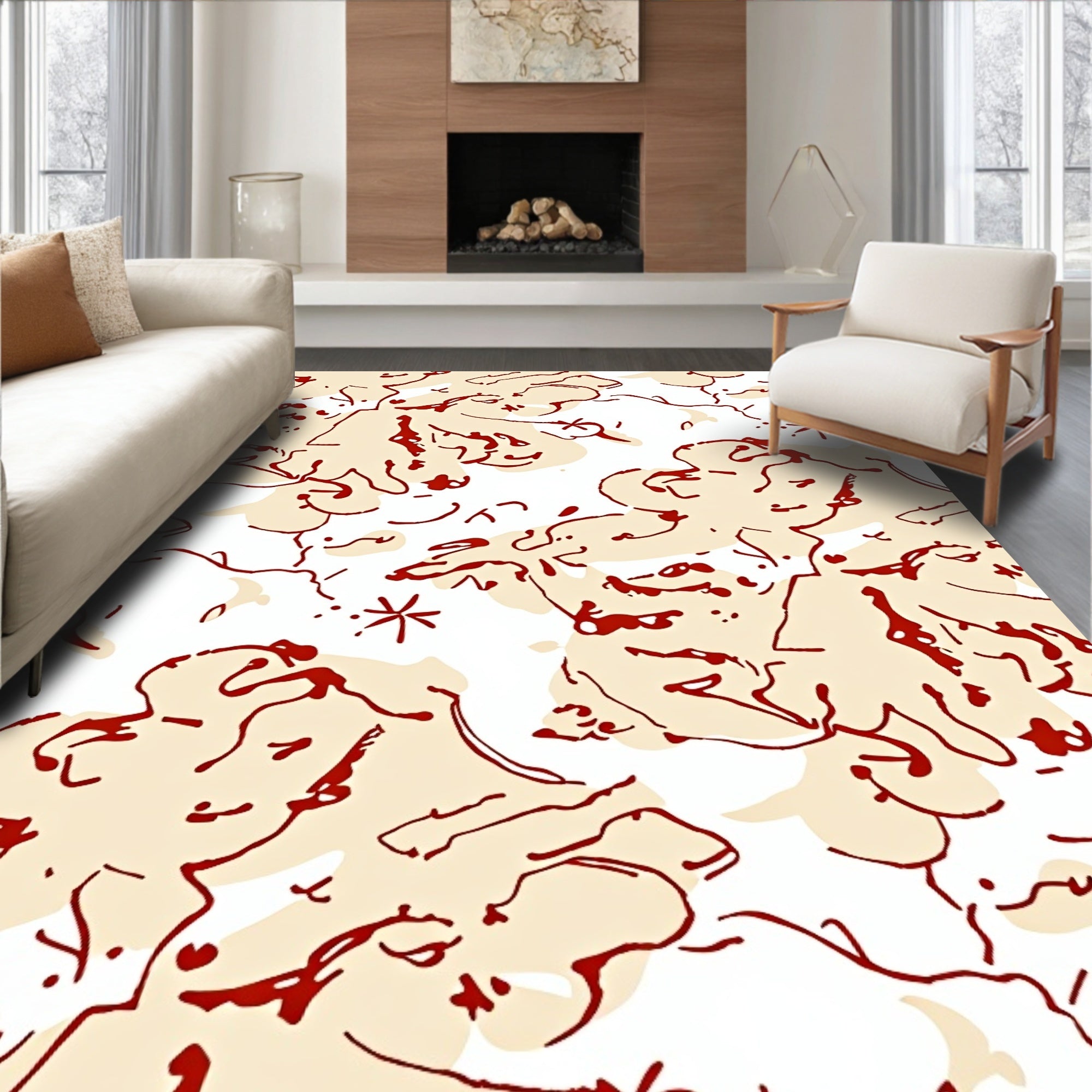 Crimson and Cream Abstract Cloud Swirls Rug