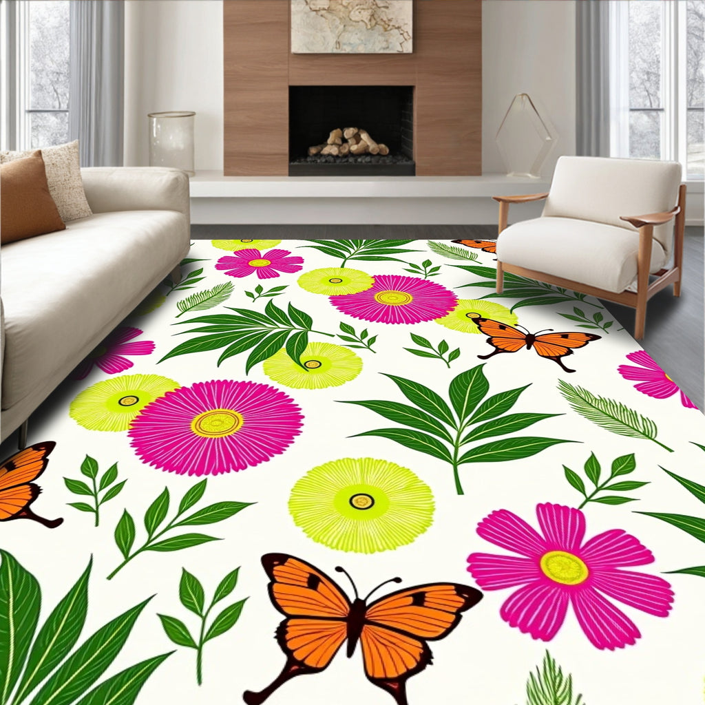 Vibrant Pink Flowers Orange Butterflies Foliage Rug