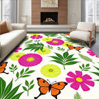Vibrant Pink Flowers Orange Butterflies Foliage Rug