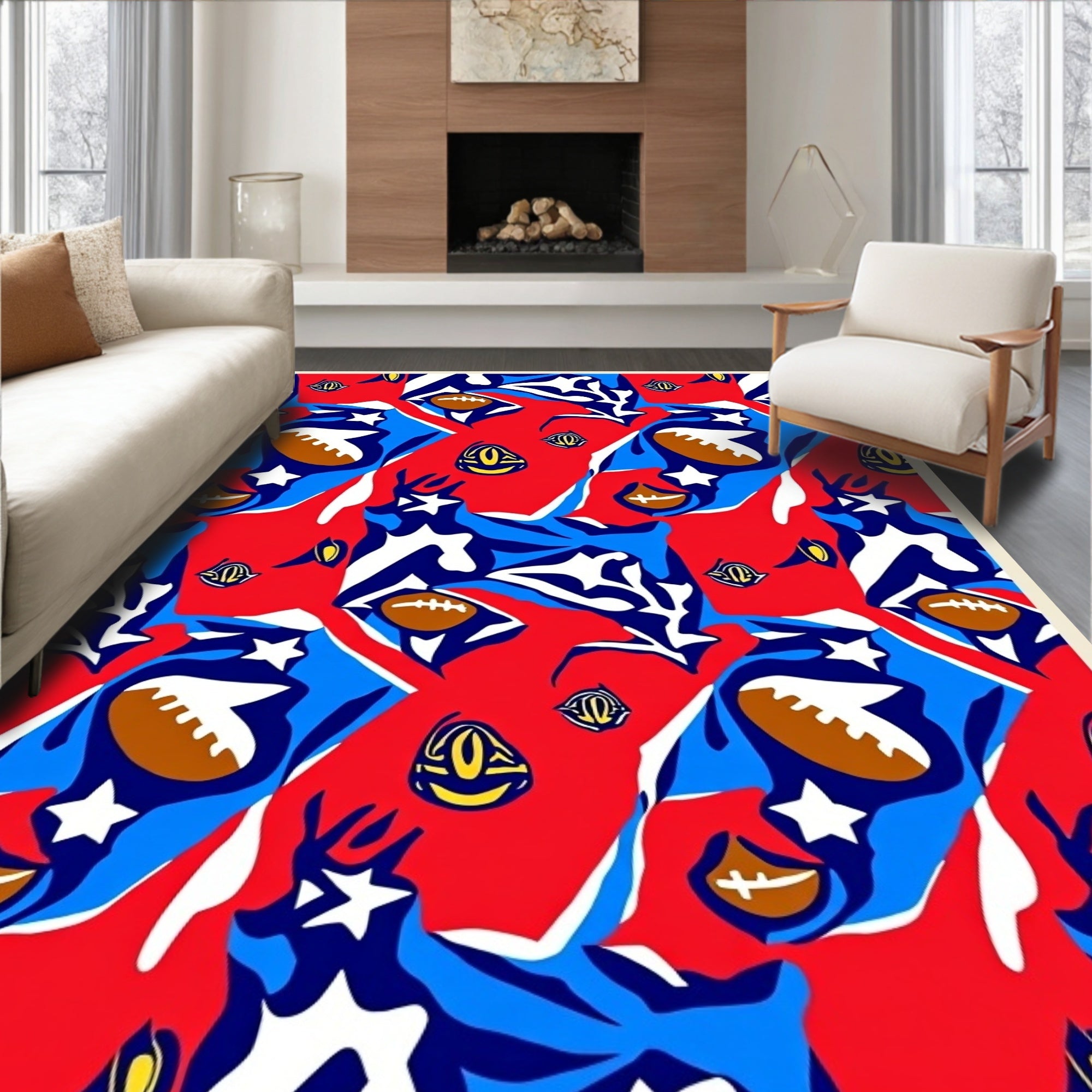 Bold Red Blue Football Stars Collage Rug