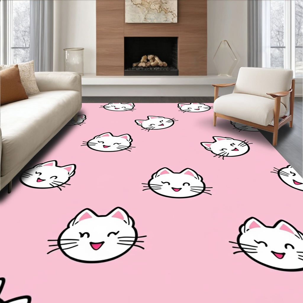 Sweet Pink Kawaii Kitty Faces Rug