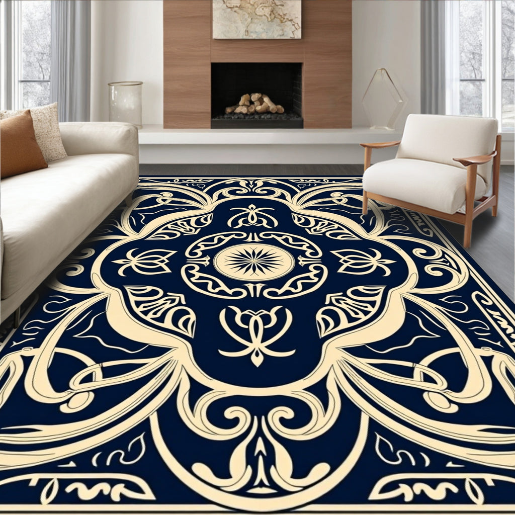 Navy Blue Ornate Floral Medallion Rug