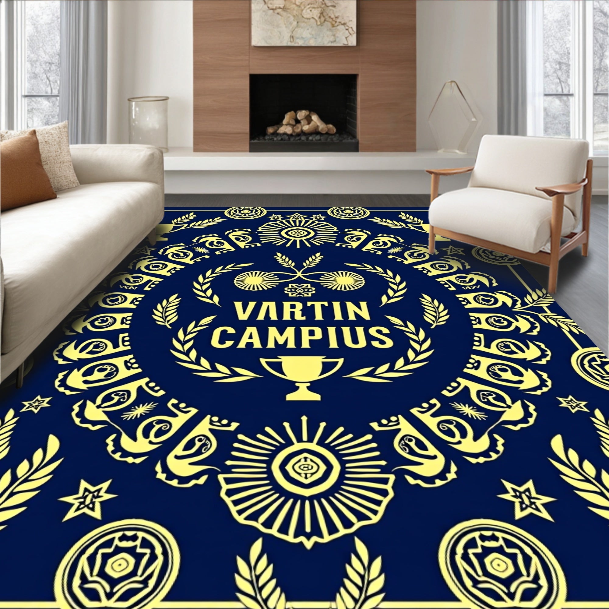 Navy Golden Laurel Medallion Trophy Rug