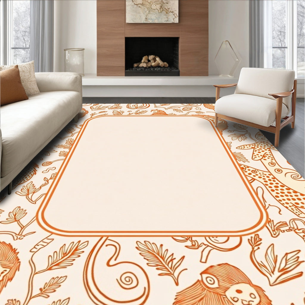 Whimsical Orange Animal Foliage Border Rug