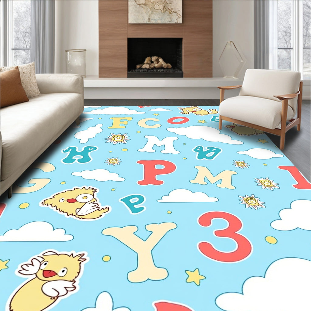 Whimsical Yellow Monster Alphabet Clouds Rug
