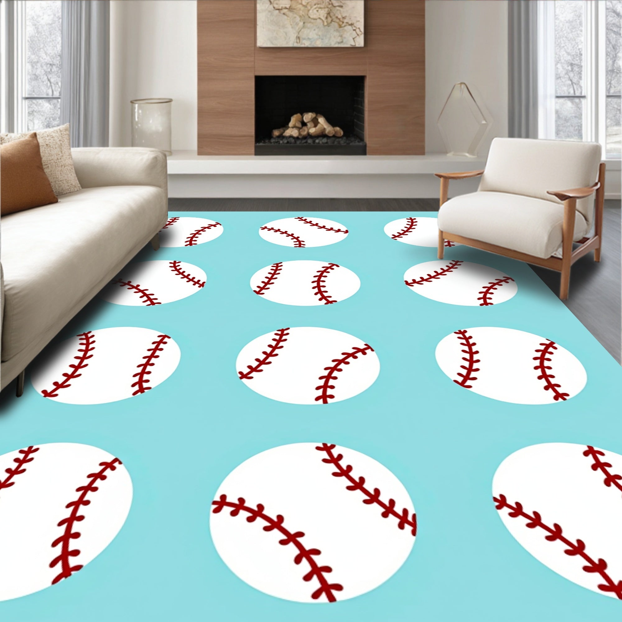 Sport White Baseball Arrangement Rug