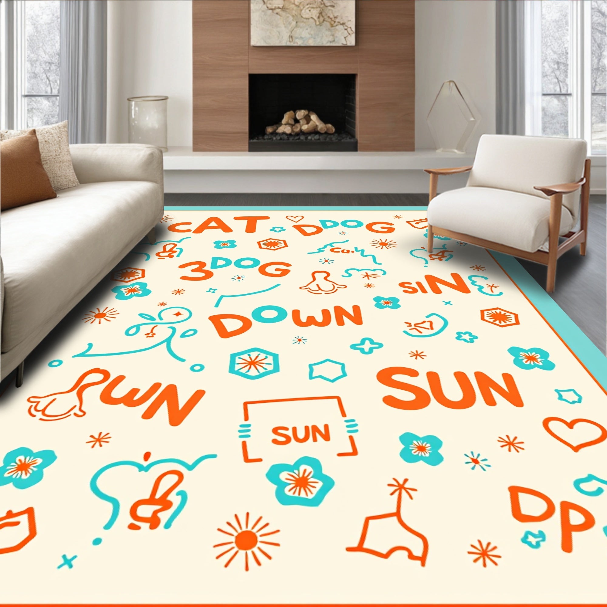 Vibrant Orange and Teal Playful Animals Rug