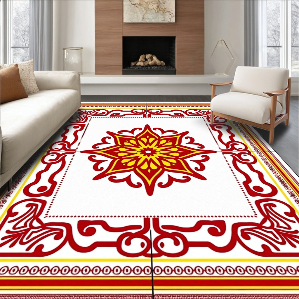 Crimson Yellow Floral Medallion Frame Rug